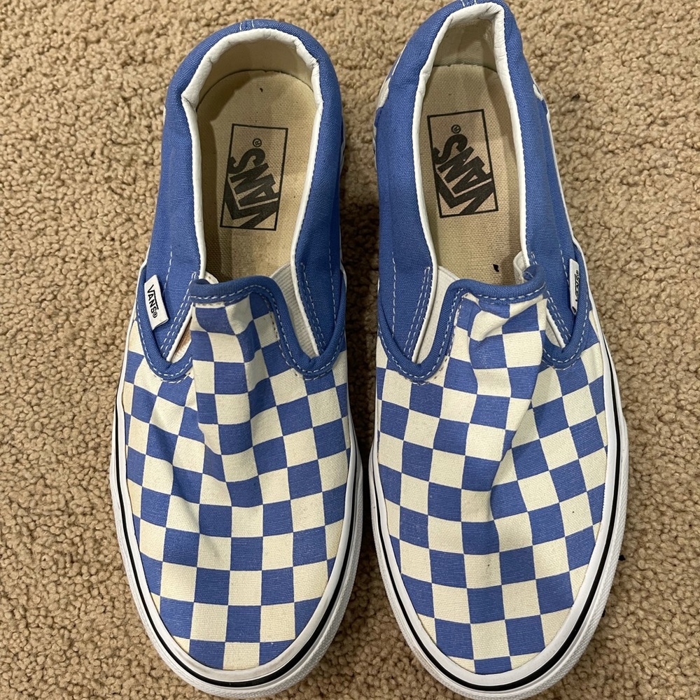 women’s blue checkered slip on vans